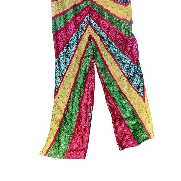 NEW Perfect Nasty Gal Sequined Rainbow Colorblock Halter Neck Jumpsuit 12 - Picture 7 of 13